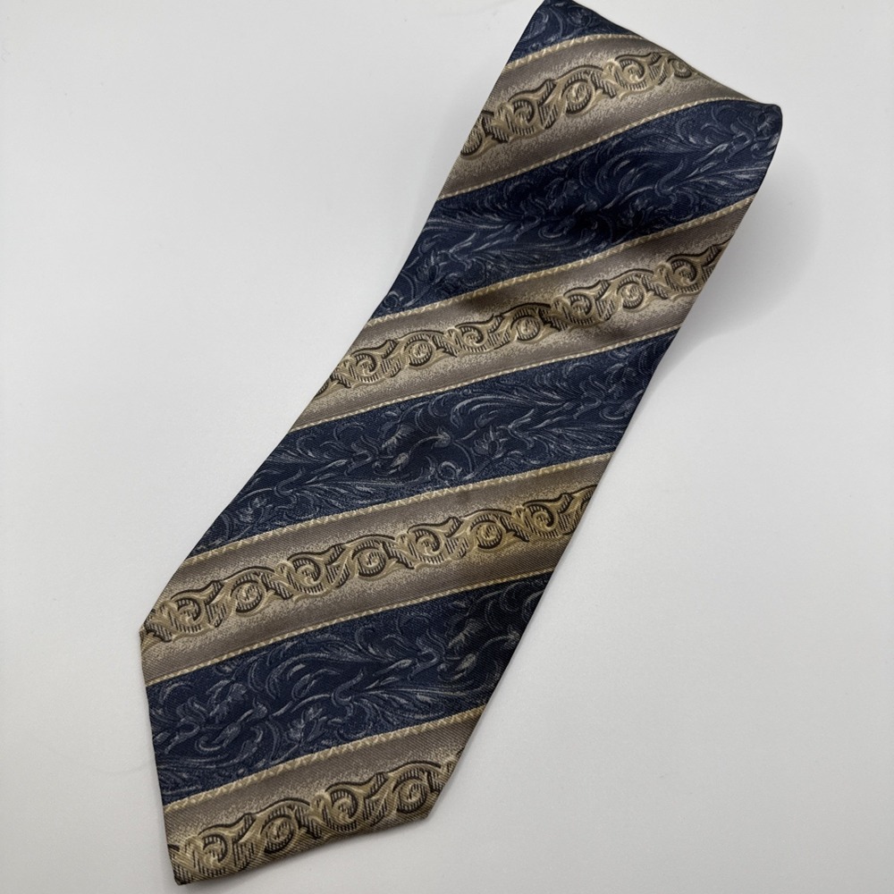 Bill Blass 100% Silk Men's‎ Tie VTG, Brown Blue Grey Flowers Stripes 58"x4"
